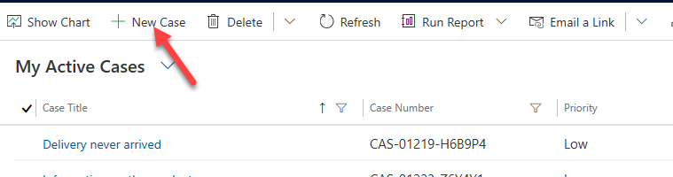 New case - screenshot shows an arrow pointing to New Case.