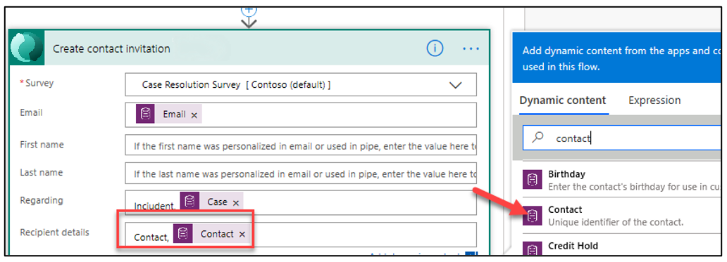 Recipient details - screenshot shows an arrow pointing to Contact in the Dynamic content search results.