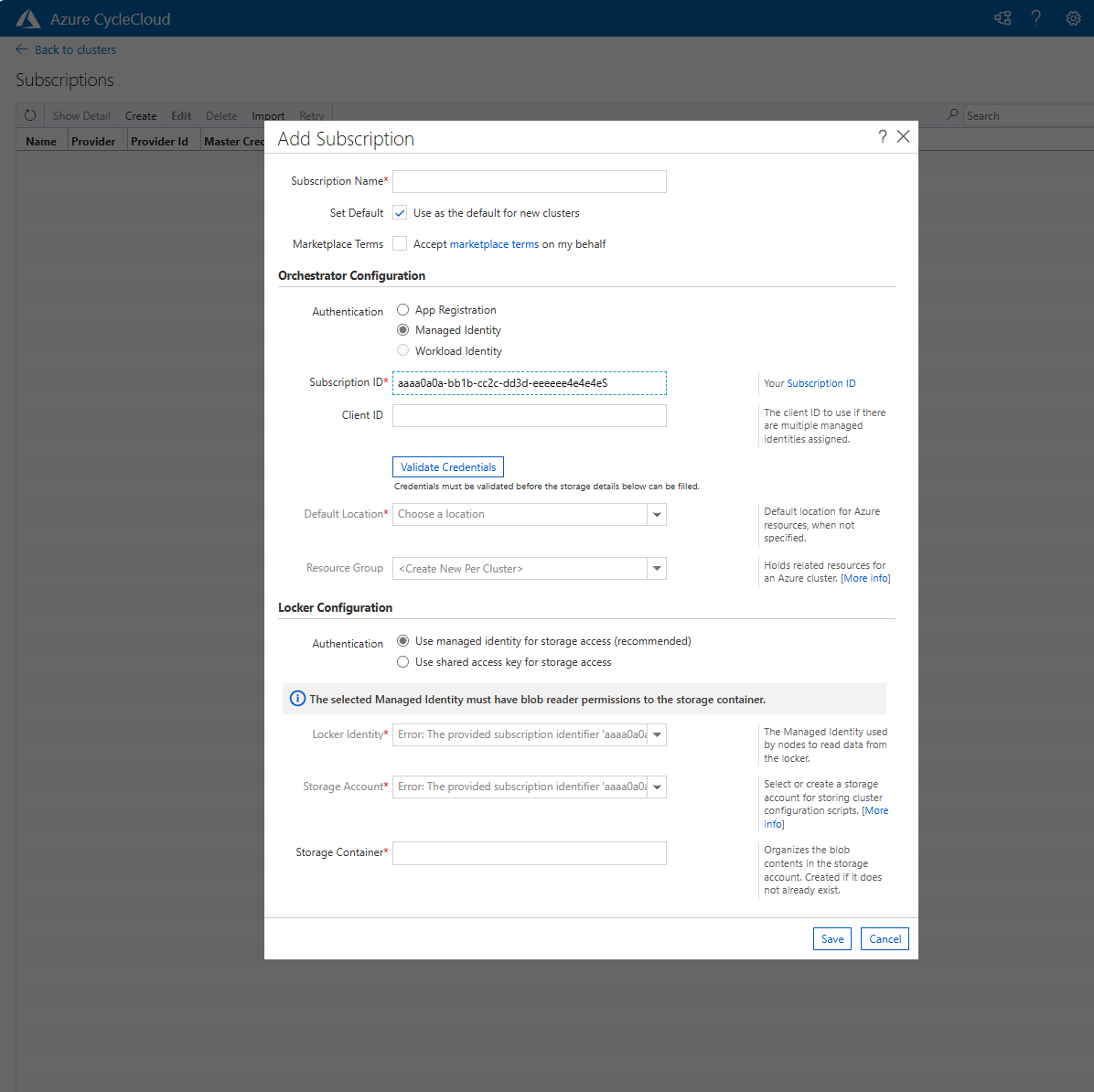 Screenshot showing the Add Subscription pop-up window in front of the Azure CycleCloud web application.