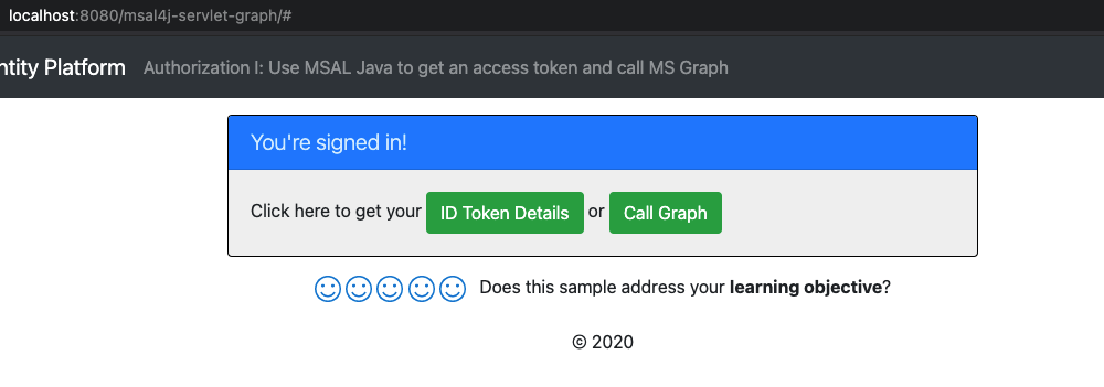 Screenshot that shows the button to call graph displayed on the page after successfully signing in to sample application.