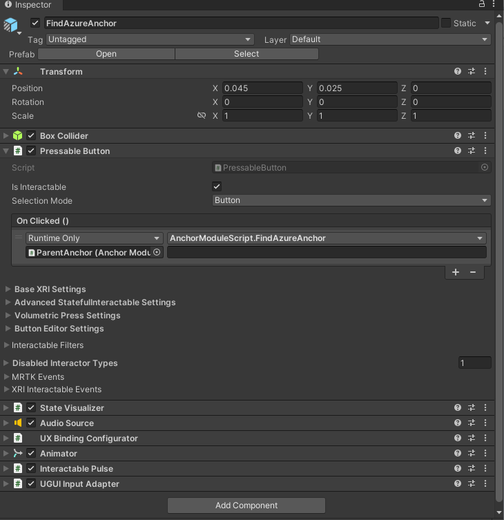 Screenshot of Unity with the FindAzureAnchor button's OnClick event configured.