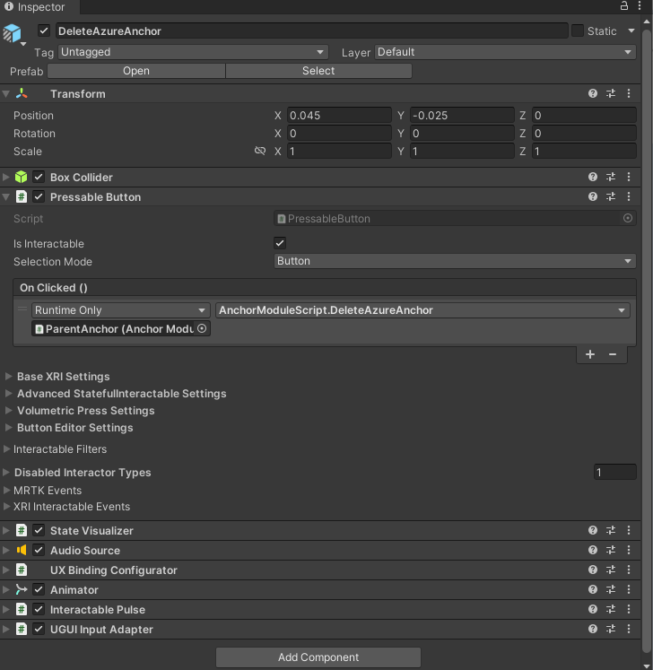 Screenshot of Unity with the DeleteAzureAnchor button's OnClick event configured.