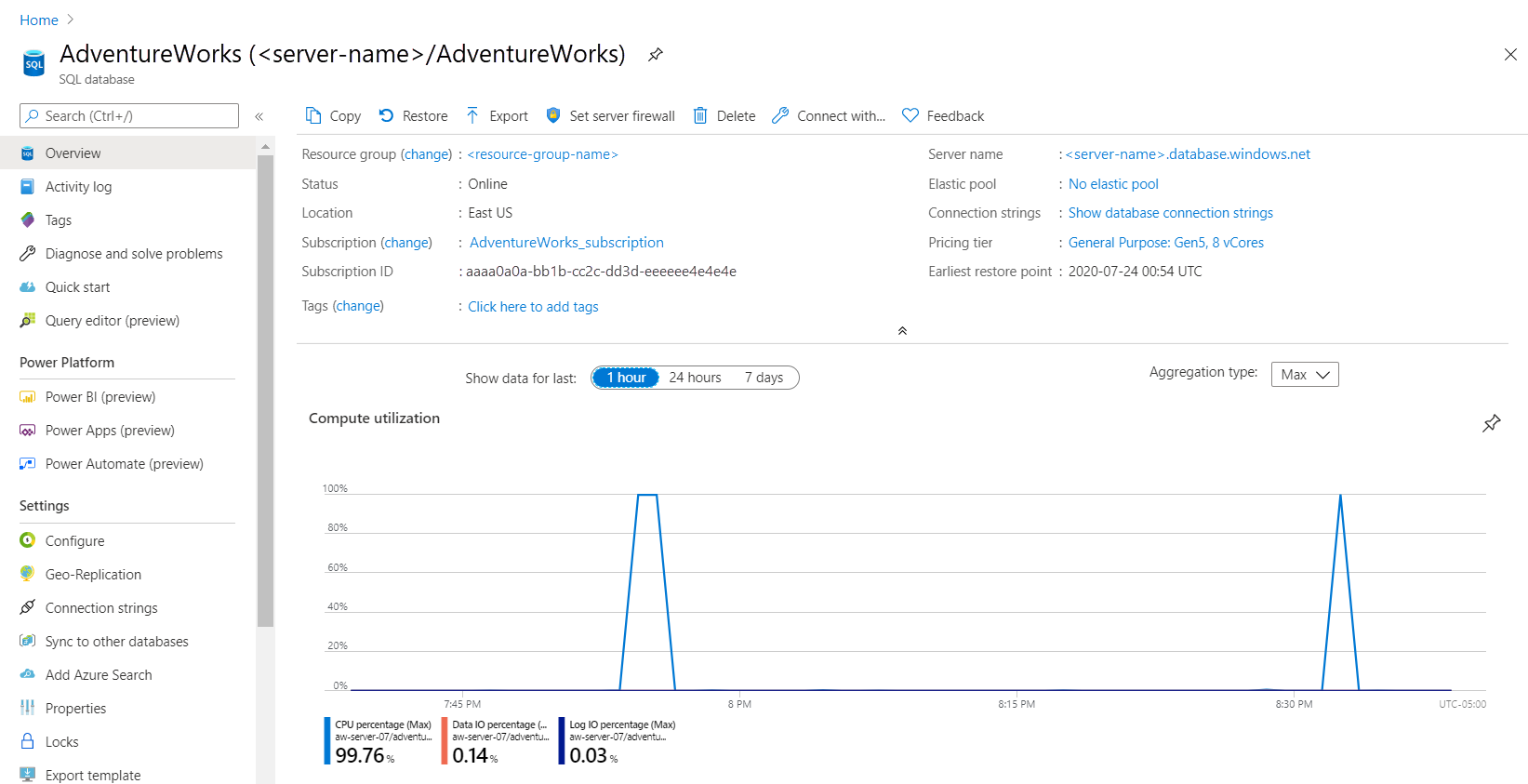 Screenshot of compute comparison in the Azure portal.