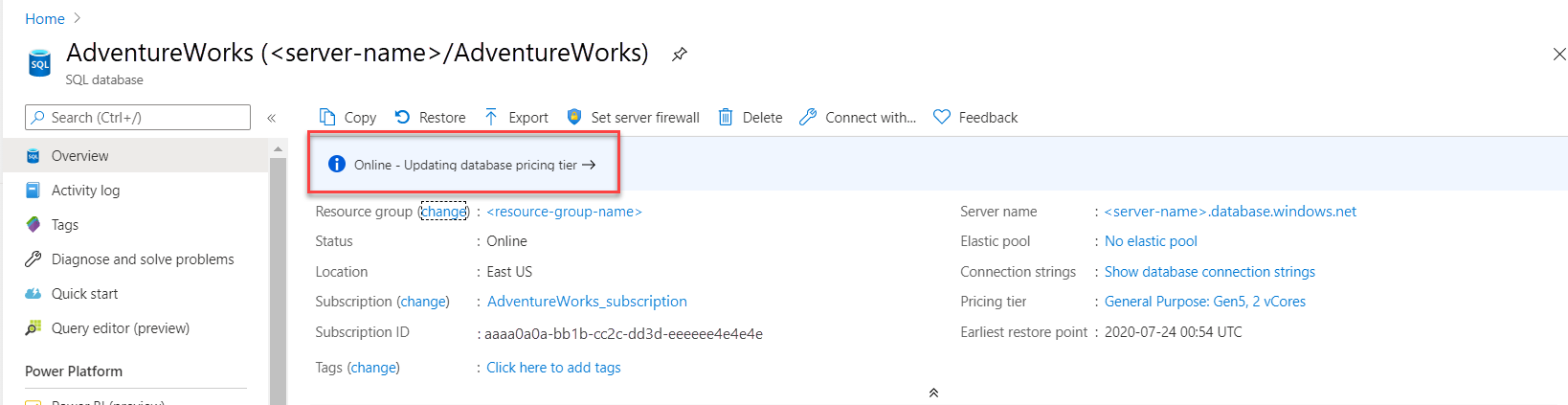 Screenshot of update in the Azure portal.