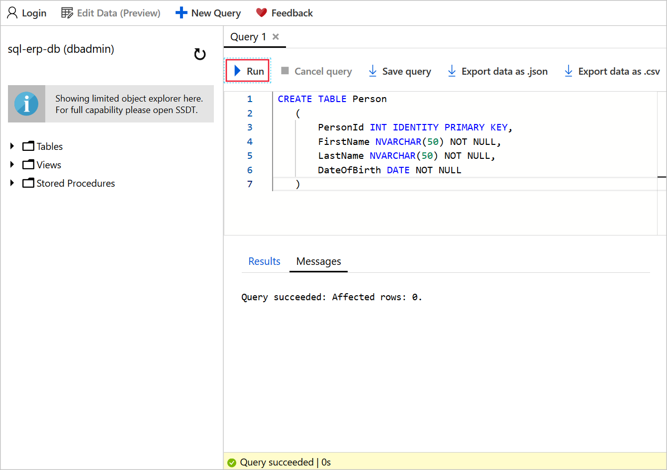 Screenshot of the query editor with T-SQL to create a new table in the sql-erp-db database. A callout highlights the run button.