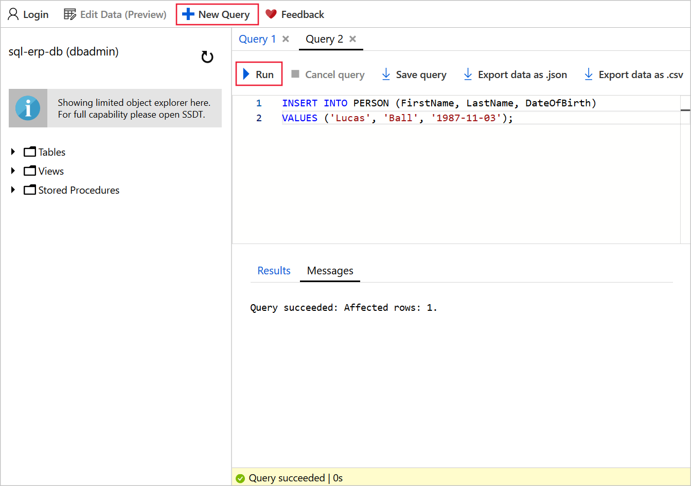 Screenshot of the query editor with T-SQL to insert a record into the Person table of the sql-erp-db database. A callout highlights the run button.