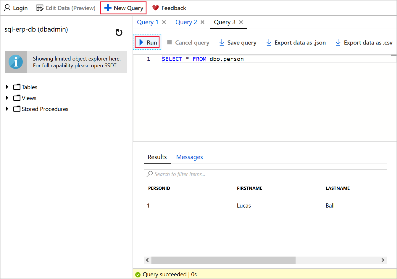 Screenshot of the query editor with T-SQL to query the person table in the sql-erp-db database. A callout highlights the run button.