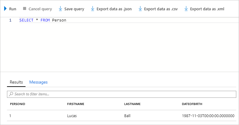 Screenshot showing confirmed results after querying for the tables in the database.