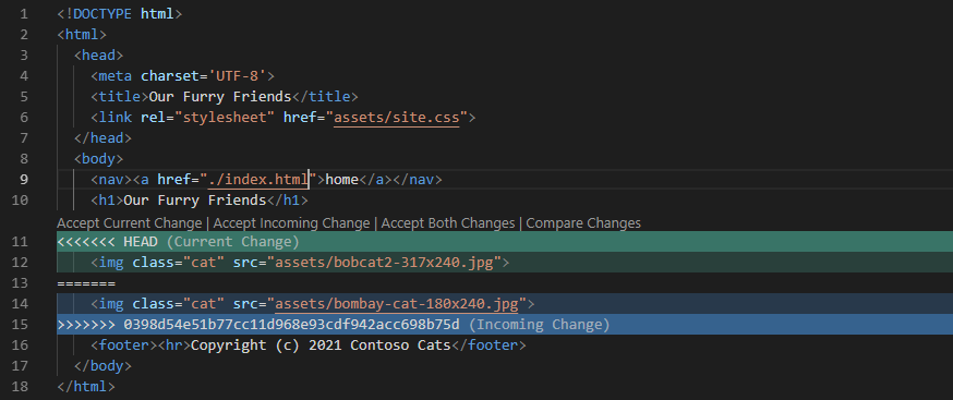 Screenshot that shows how to resolve merge conflicts in Visual Studio Code.