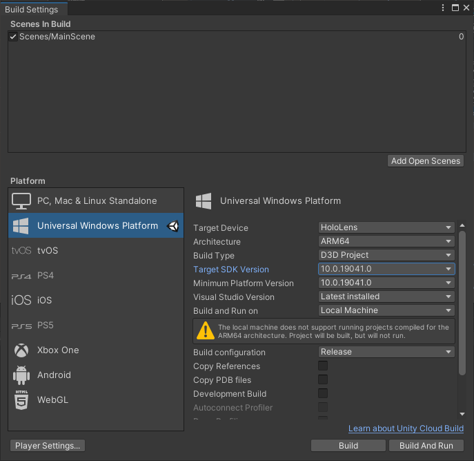 Screenshot of the Unity build settings window with the main scene and universal windows platform options highlighted.