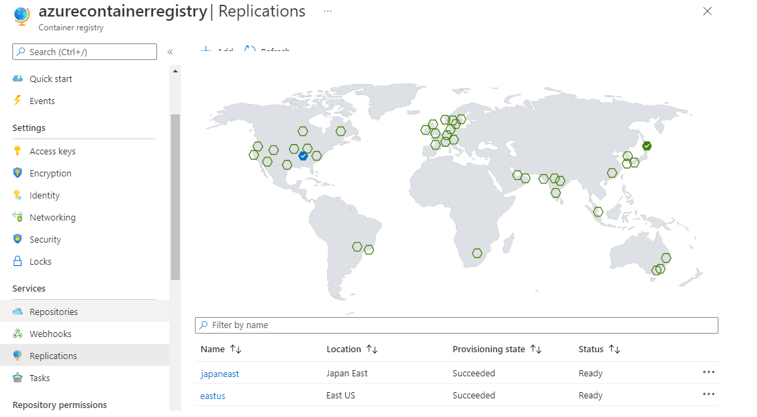 Screenshot of Azure container registry world map showing replicated and available locations.