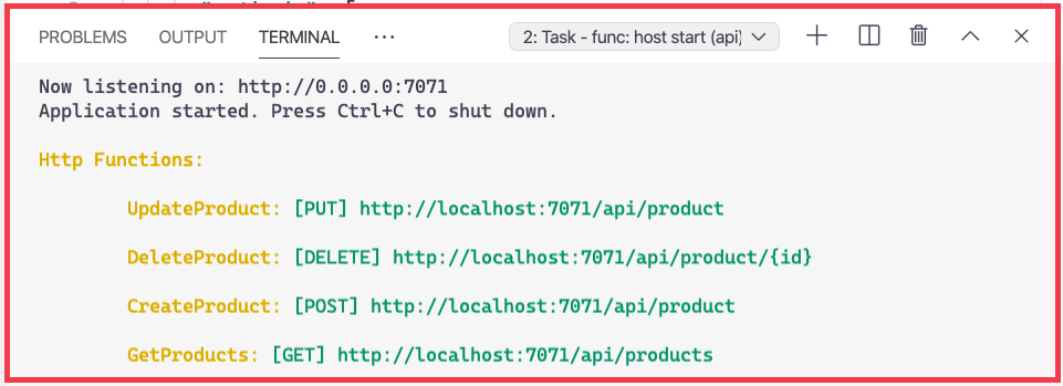 Screenshot of the Visual Studio Code terminal showing endpoints running on new routes.