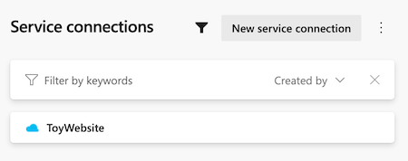 Screenshot of Azure DevOps that shows the list of service connections, with the ToyWebsite service connection included.