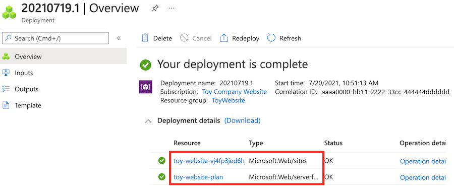 Screenshot of the Azure portal that shows the resource group deployment details, with the App Service resources highlighted.