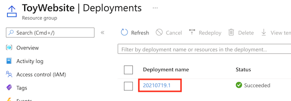 Screenshot of the Azure portal that shows the resource group deployment history, with the deployment highlighted.