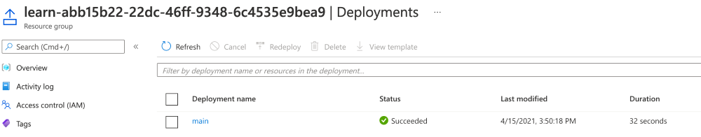 Screenshot of the Azure portal interface for the deployments, with the one deployment listed and a succeeded status.