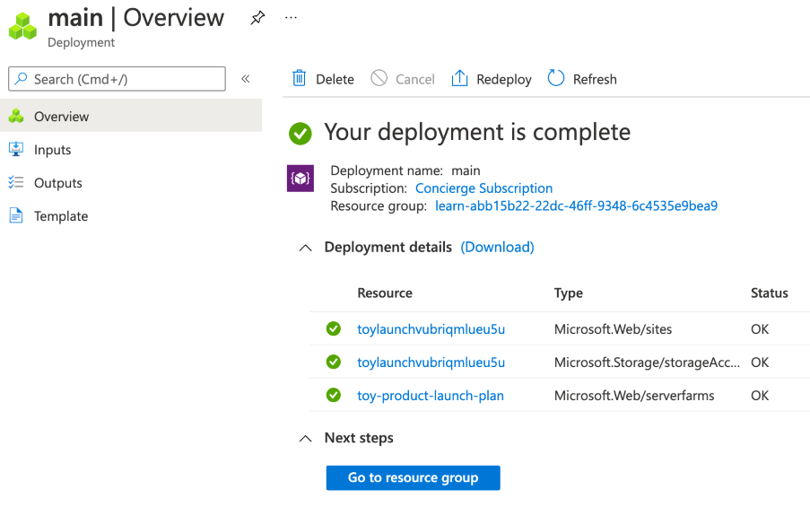 Screenshot of the Azure portal interface for the specific deployment, with storage account and App Service resources listed with generated names.