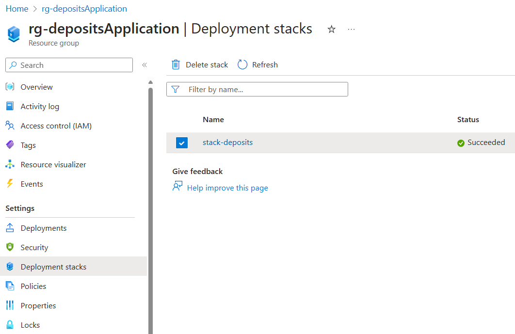 A screenshot of the Azure portal showing the settings of a resource group and where to find deployment stacks.