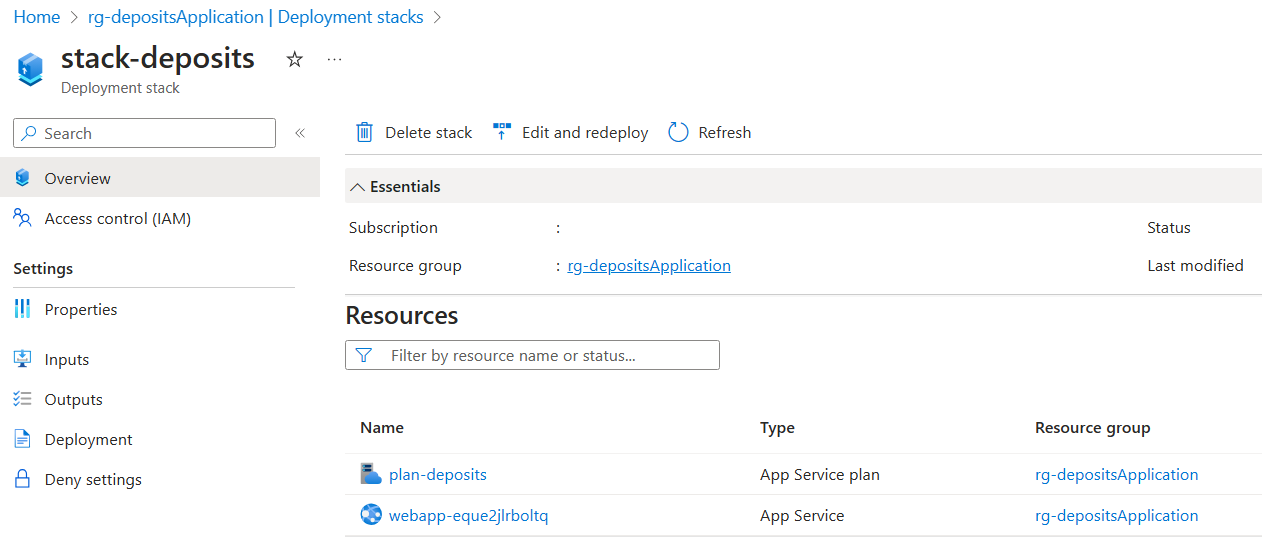 A screenshot of the Azure portal showing the properties of a deployment stack, including its managed resources.