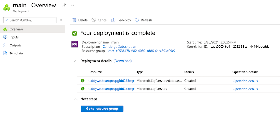 Screenshot of the Azure portal resource group overview pane for the specific deployment, with a logical server and database resource listed.