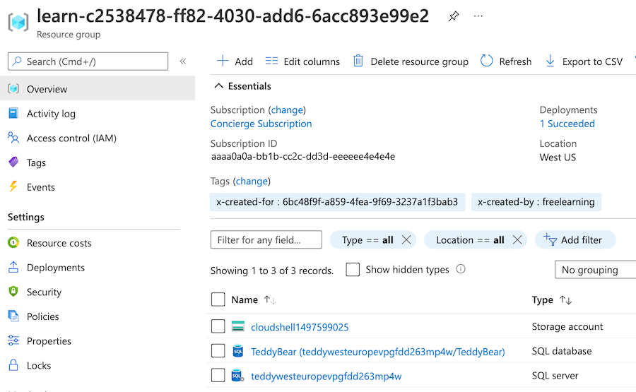 Screenshot of the Azure portal resource group overview pane, with a section displaying a successful deployment.