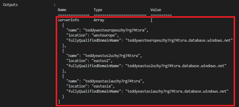 Screenshot of the deployment output, displaying the properties of the logical servers.