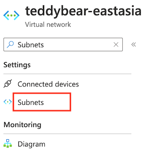 Screenshot of the Azure portal interface for the virtual network, showing the search field with Subnets entered.