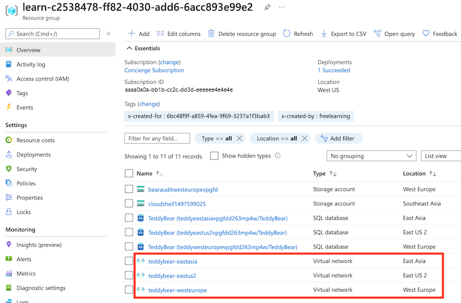 Screenshot of the Azure portal, showing a list of virtual networks after deployment.