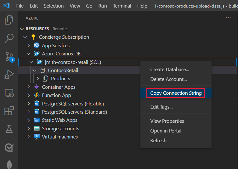 Screenshot of the Visual Studio Code with Cosmos DB account name selected and the submenu to Copy Connection String highlighted.