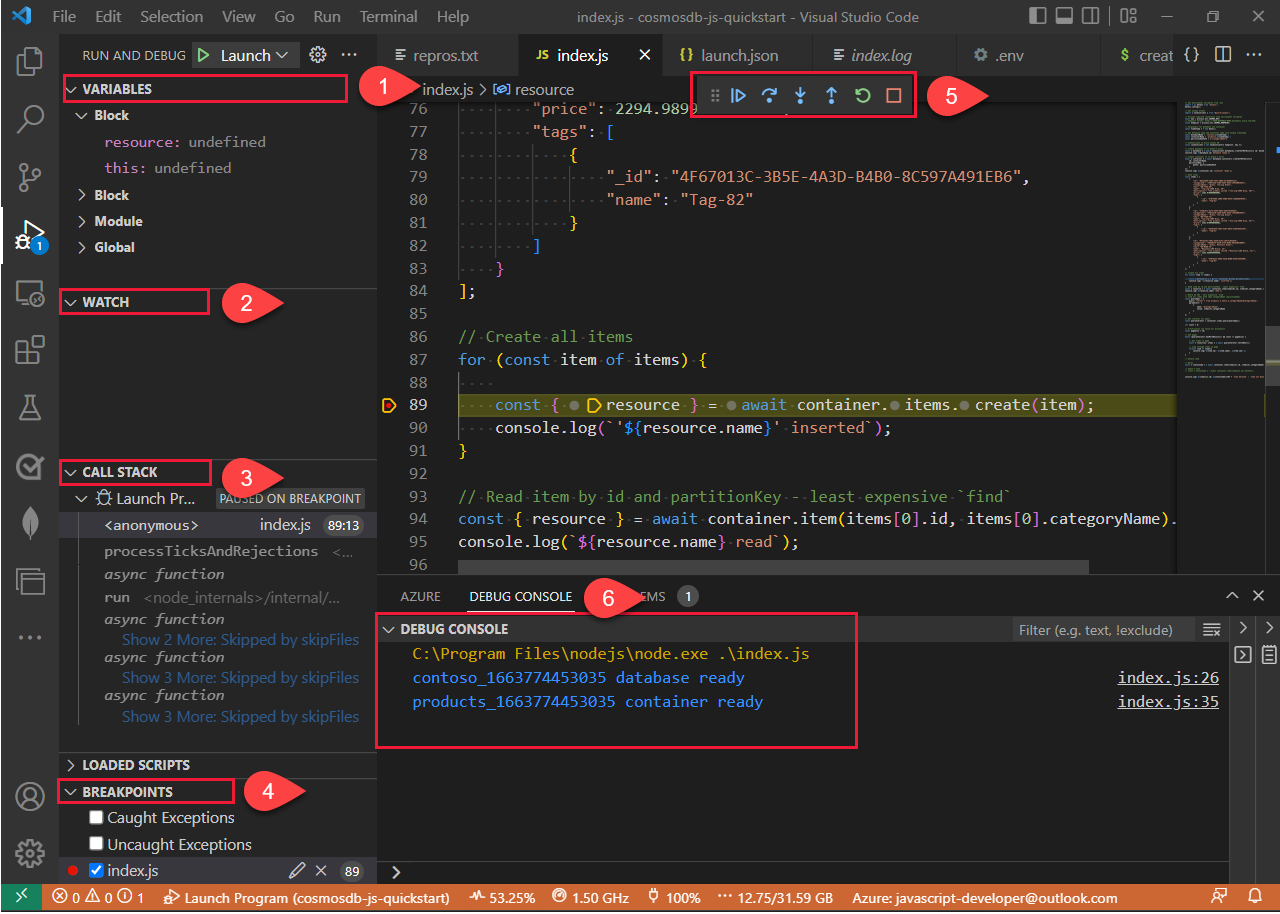 Screenshot of the Visual Studio Code debugger in action pausing at a breakpoint on some sample JavaScript code.