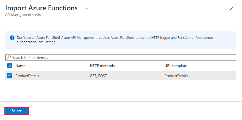 Screenshot showing the Import Azure Functions API Management service pane.