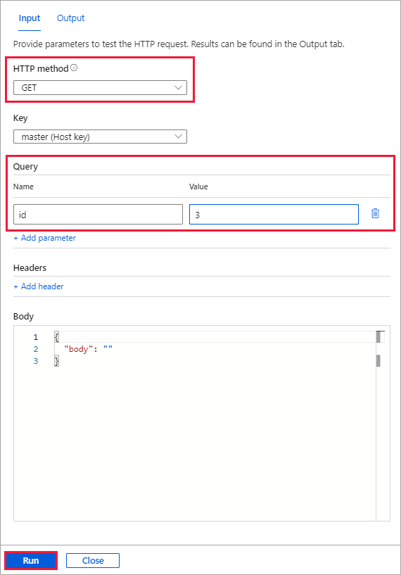 Screenshot of the input pane for Test + Run, with the input parameter for the HTTP GET method highlighted.