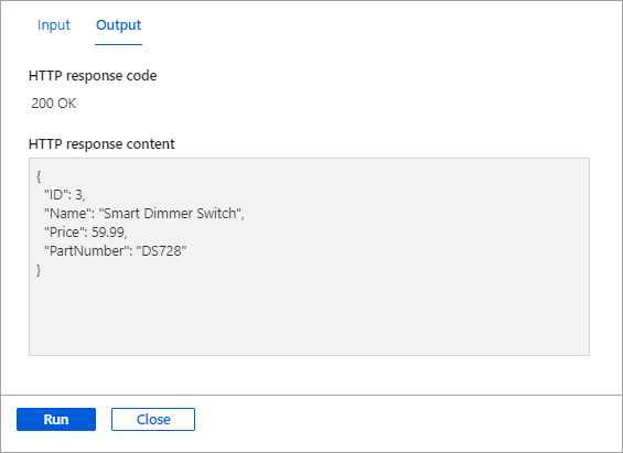 Screenshot of the output of a pane for Test + Run with response results of running the GET method.