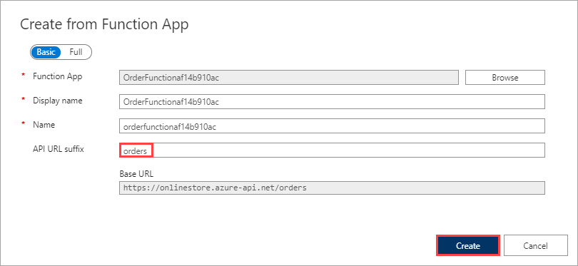 Screenshot of the Create from Function App dialog populated with details of the Orders function.