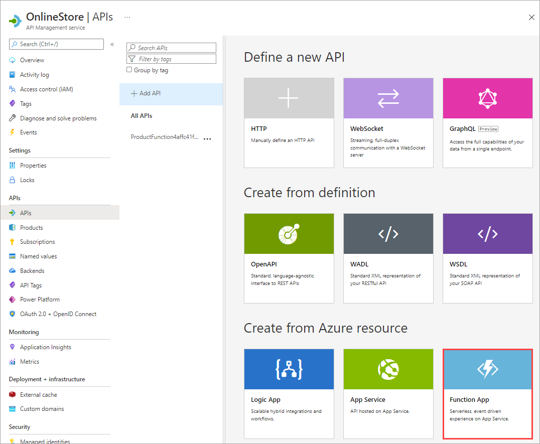 Screenshot of the Add a New API screen with a callout highlighting the Azure Function App option.