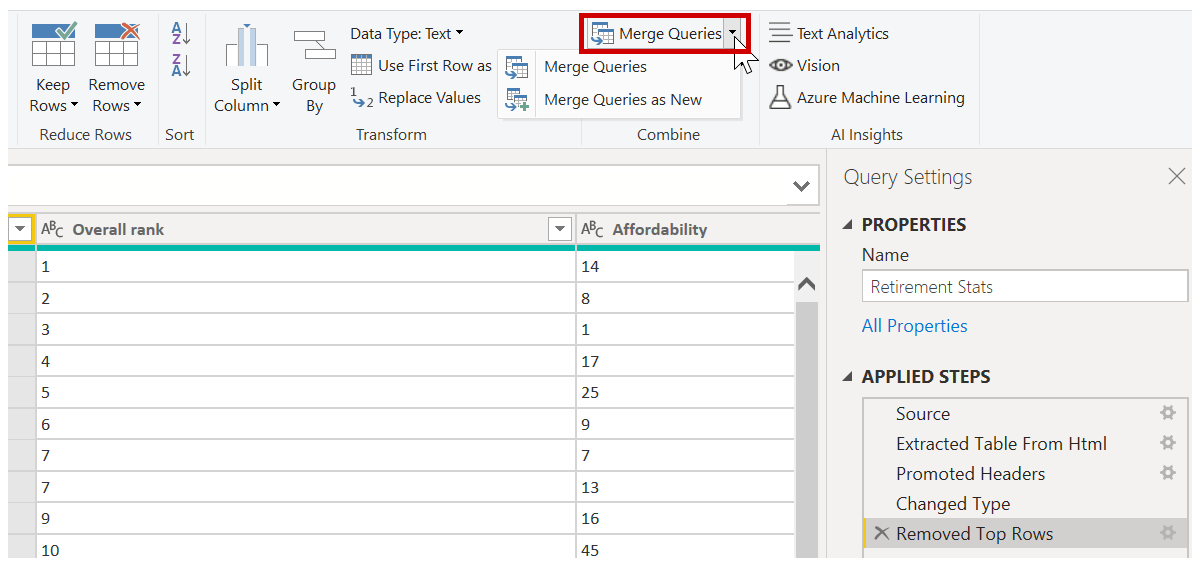 Merge queries button