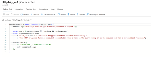 Screenshot of Code and Test pane showing default code for HTTP trigger function template.