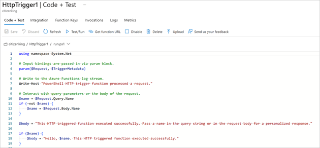 Screenshot of Code and Test pane showing default code for HTTP trigger function template.