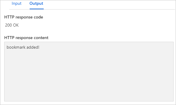 Screenshot of output tab showing bookmark added response.