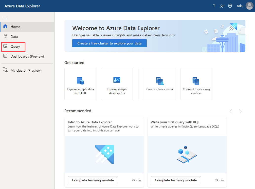 Screenshot of Azure Data Explorer homepage.