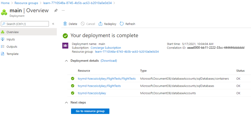 Screenshot of the Azure portal interface for the specific deployment, with three Cosmos DB resources listed.