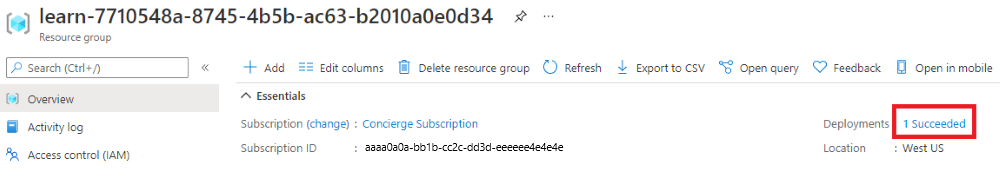 Screenshot of the Azure portal interface for the resource group overview, with the deployments section showing that one succeeded.