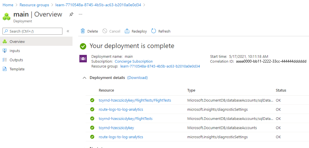 Screenshot of the Azure portal interface for the specific deployment, with the Azure Cosmos DB resources as well as two resources with type Microsoft.Insights/diagnosticSettings.