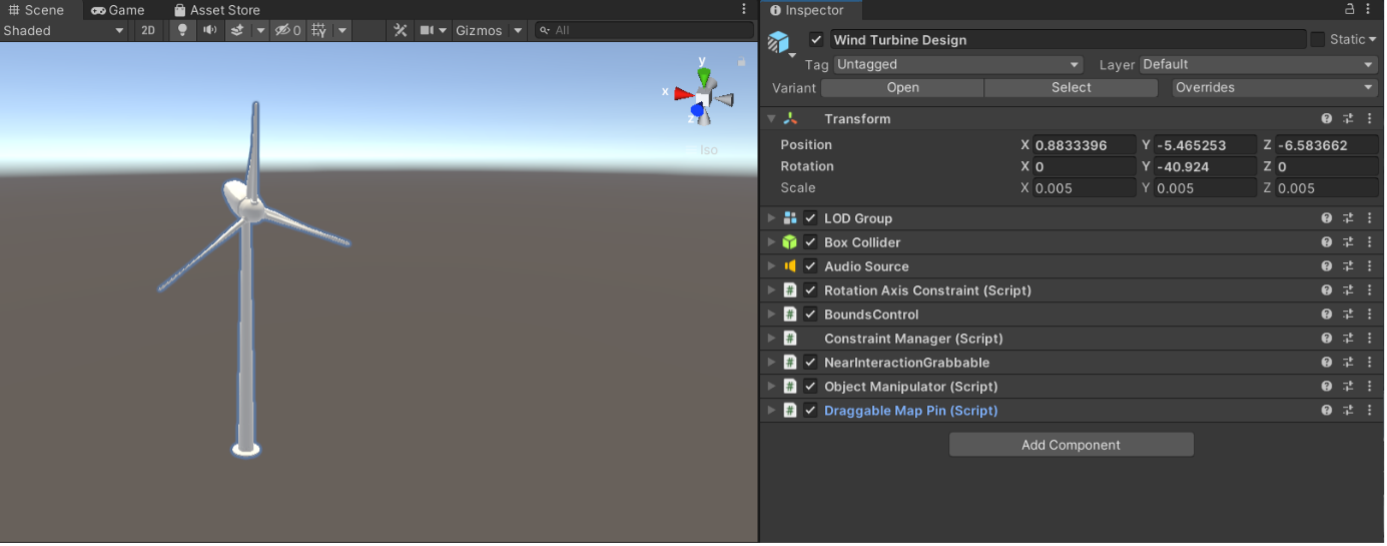 Screenshot of the Unity scene window with the wind turbine prefab in view and the wind turbine prefab selected in the inspector.