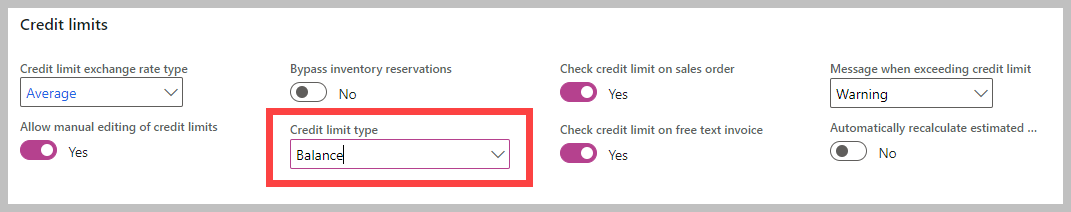 Screenshot of the Credit limits Fasttab of the Credit and collections parameter page.