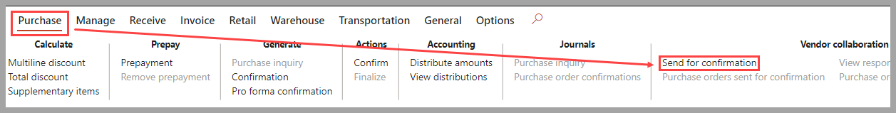 Screenshot of the Purchase tab in the Action Pane, and the Send for confirmation button.