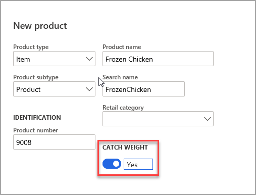Screenshot of the New product page with the Catch weight slider selected.
