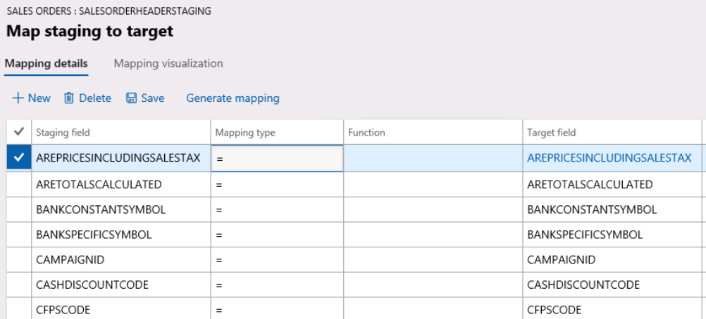 Map staging to target screen, mapping details tab