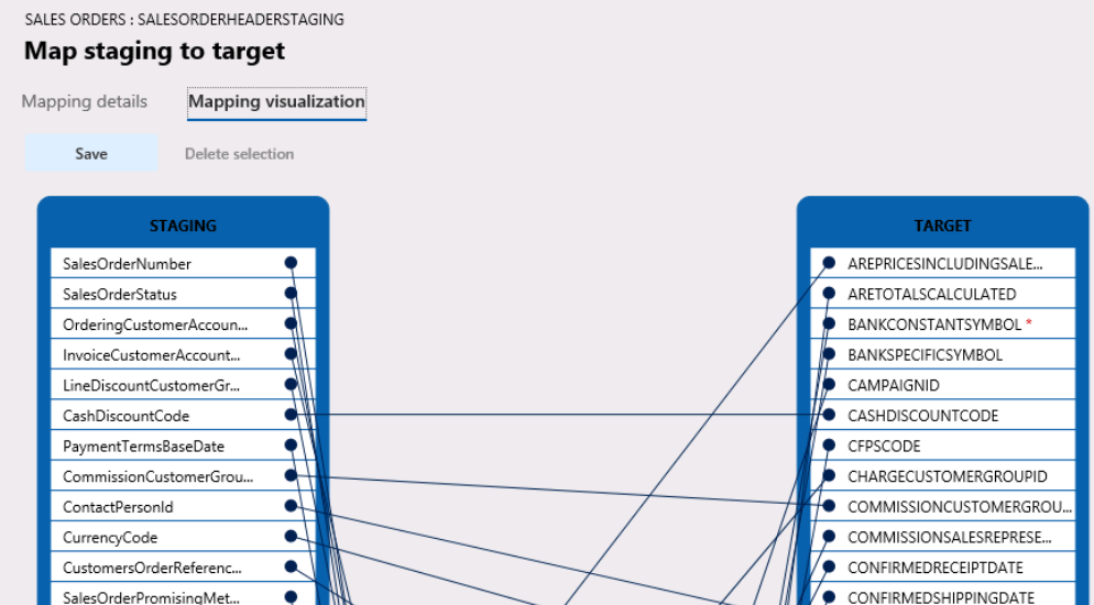 Map staging to target screen, mapping visualization tab