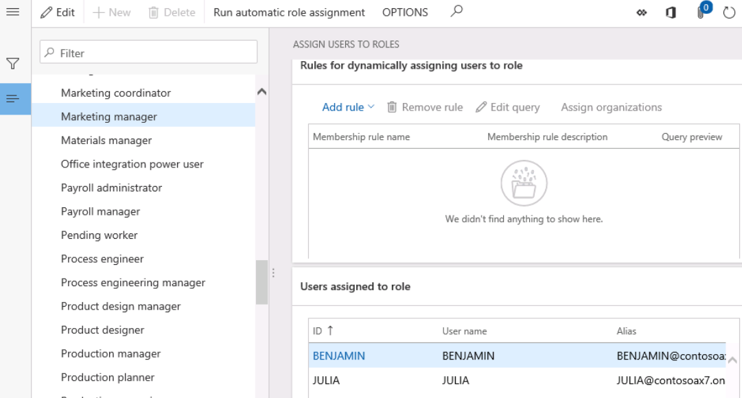 Assign users to roles screen